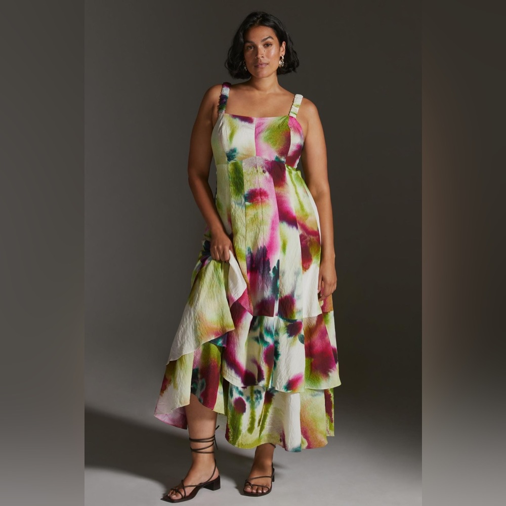 Anthropologie Tiered Maxi Dress Tie-Dye Colorful Cream Pink Green 18W